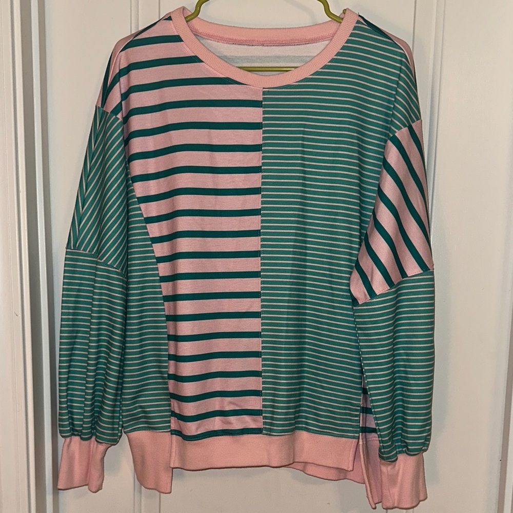 Striped Oversized Crewneck Sweater in Pink and Teal